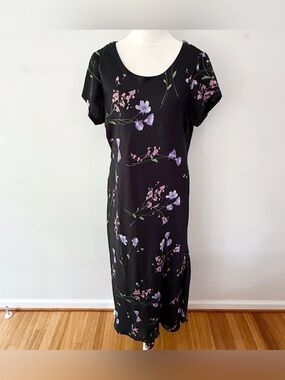 Vintage Women 90s Dark Floral Maxi Dress Medium Modest Feminine Office Casual